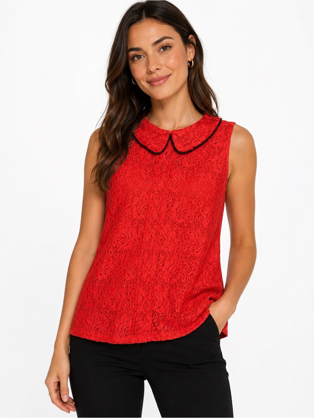 Princess Vera Wang Red Lace Peter Pan Collar Sleeveless Blouse Top M - Picture 2 of 6